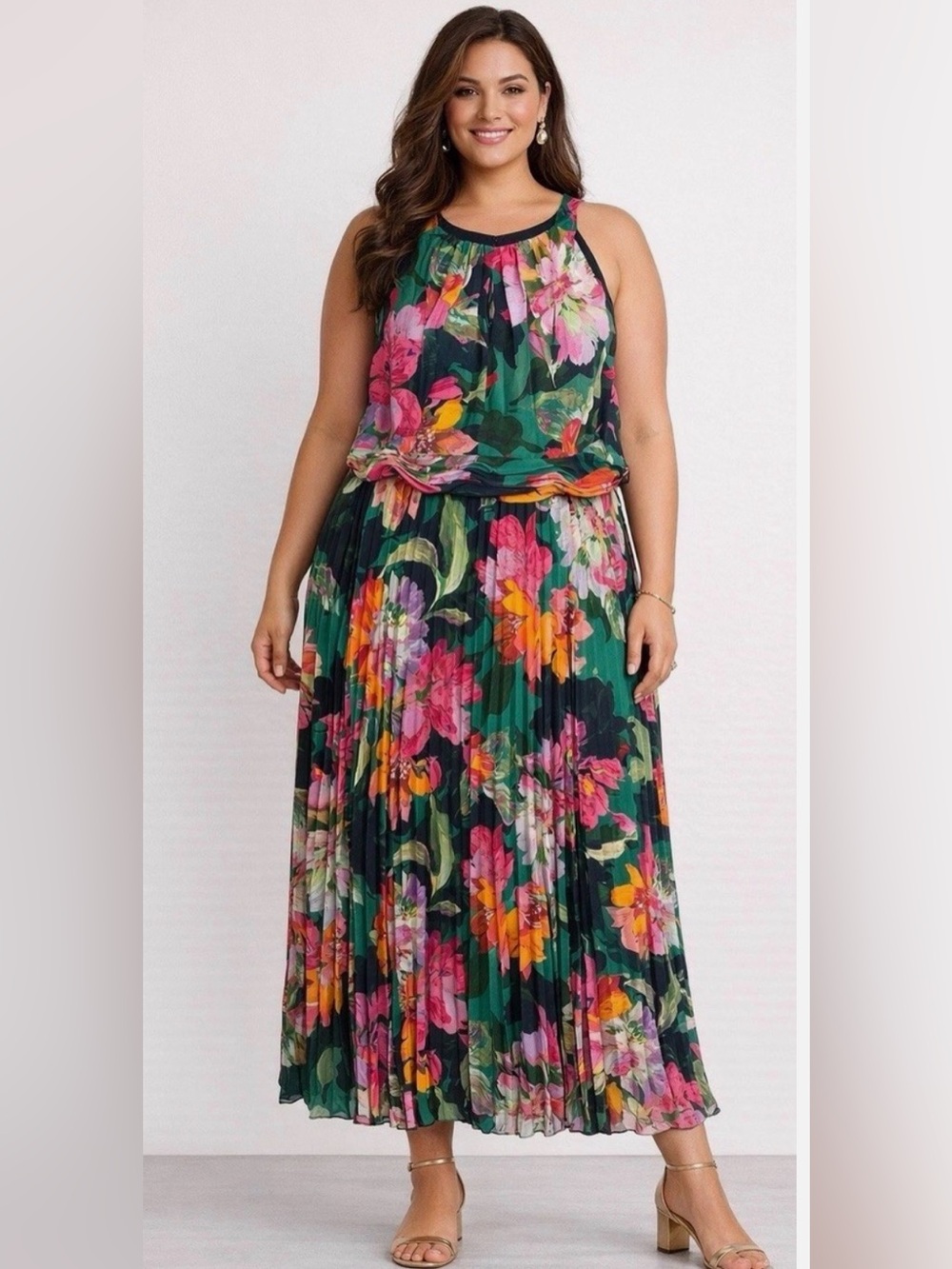 Xscape Floral Print Pleated Chiffon Maxi Dress